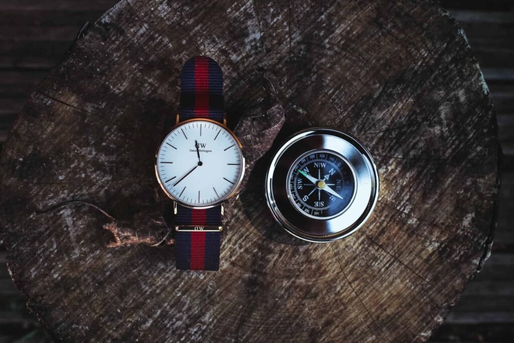 An image of a watch and a compass